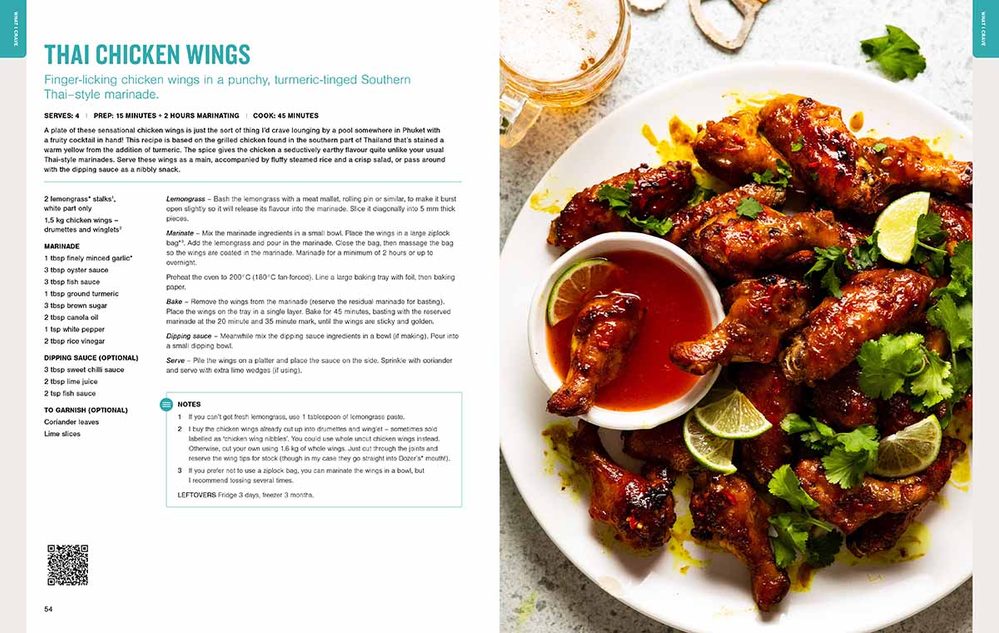 Sample page spread from RecipeTin Eats cookbook Tonight showing a pile of Thai chicken wings