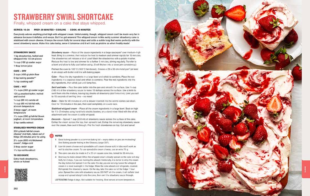 Sample page spread from RecipeTin Eats cookbook Tonight showing a cake swirled with cream and strawberries