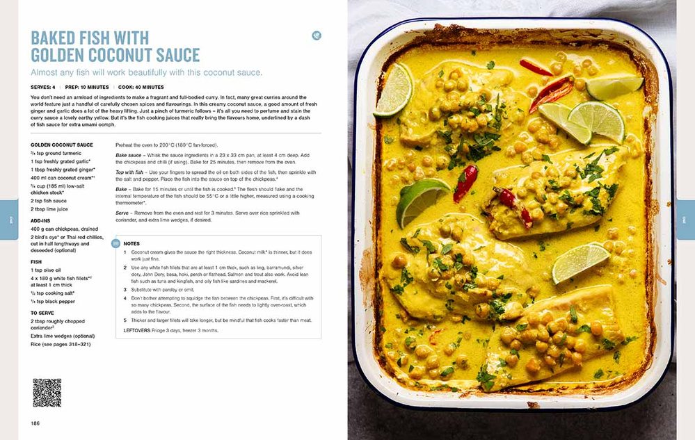 Sample page spread from RecipeTin Eats cookbook Tonight showing baked fish in a creamy coconut sauce