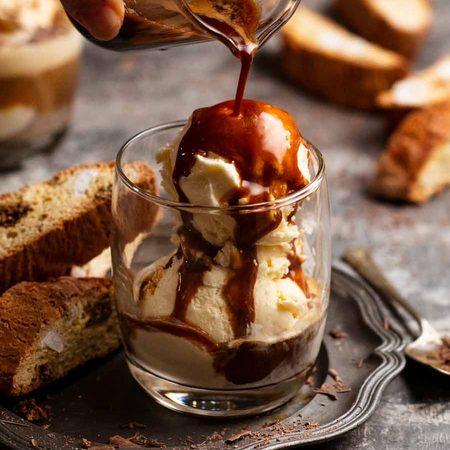 Pouring coffee over ice cream for Affogato