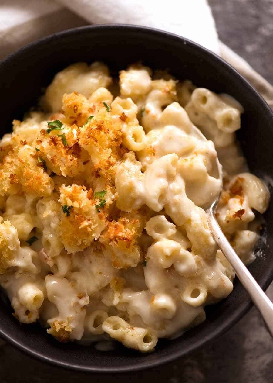 Photo of Baked Mac and Cheese in a rustic bowl, ready to be eaten