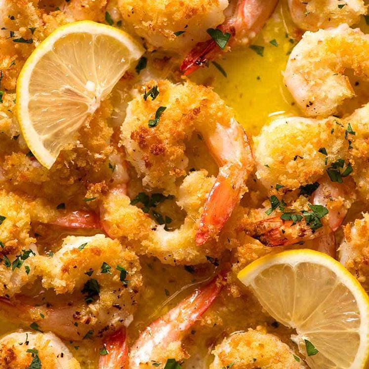 Close up overhead photo of Baked Shrimp with Lemon Garlic Butter Sauce