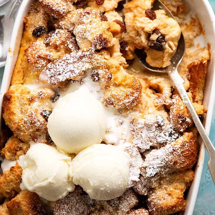 Bread and Butter Pudding with ice cream, fresh out of the oven ready to be served