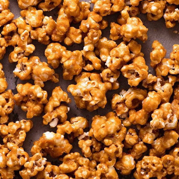 Close up of Caramel Popcorn on a tray