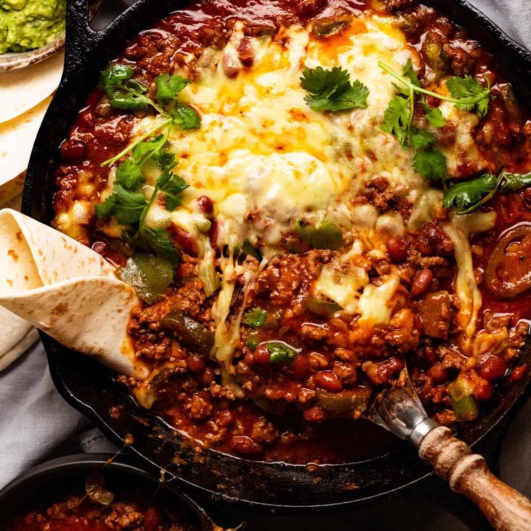 Overhead photo of Cheesy Mexican beef and bean casserole