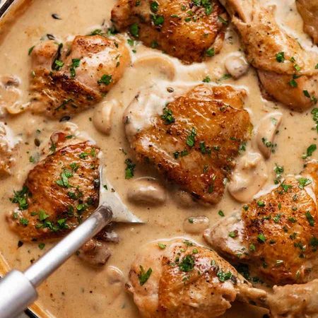 Overhead photo of Chicken Fricassée fresh off the stove