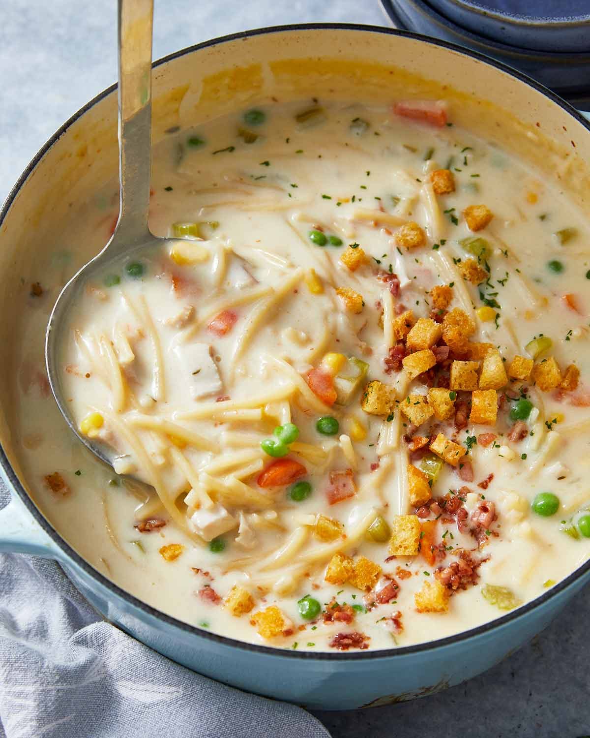 Pot of Creamy chicken noodle soup