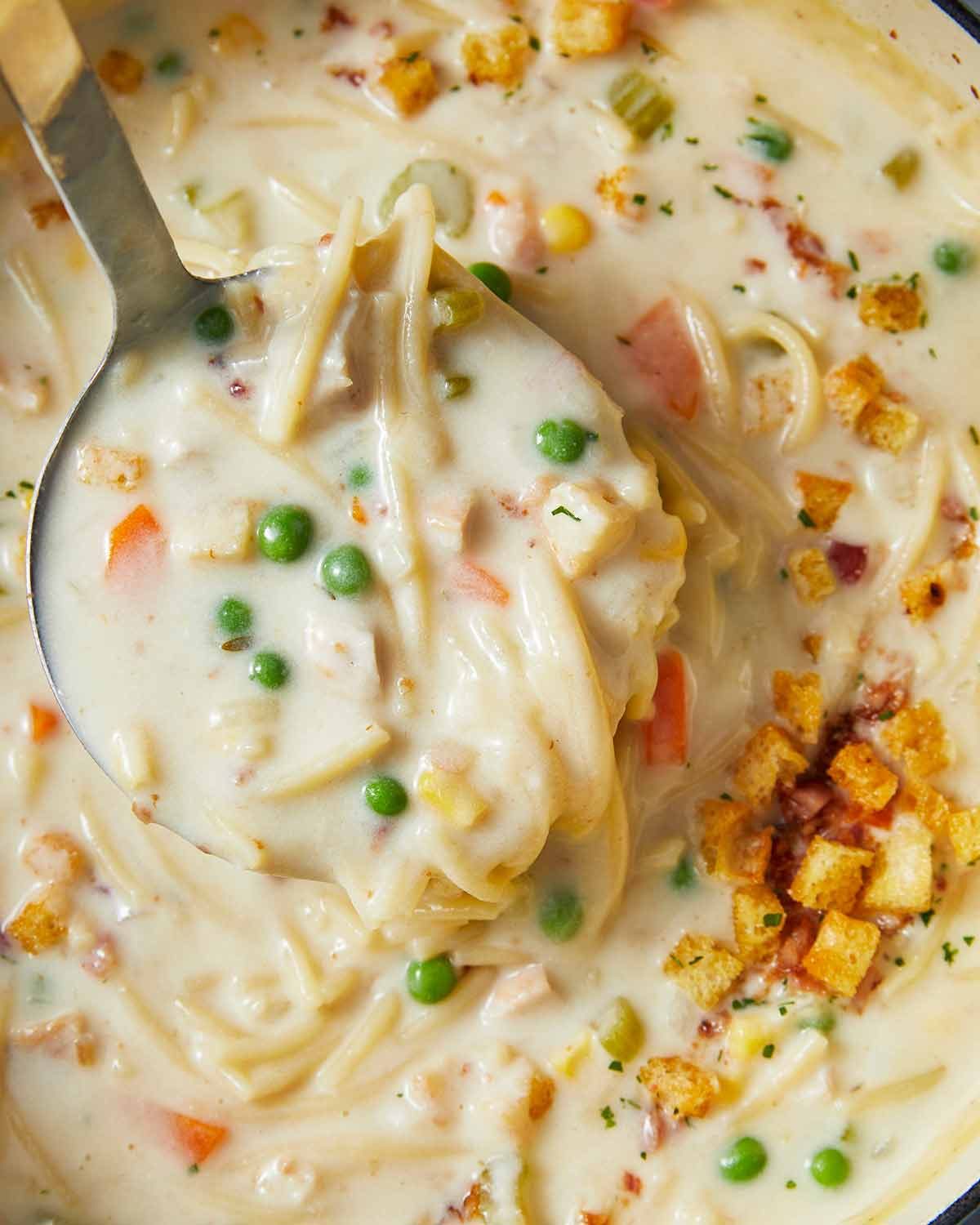 Serving Creamy chicken noodle soup