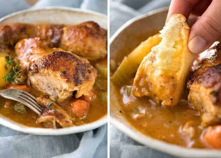 Close up of Chicken Stew in a rustic brown bowl.