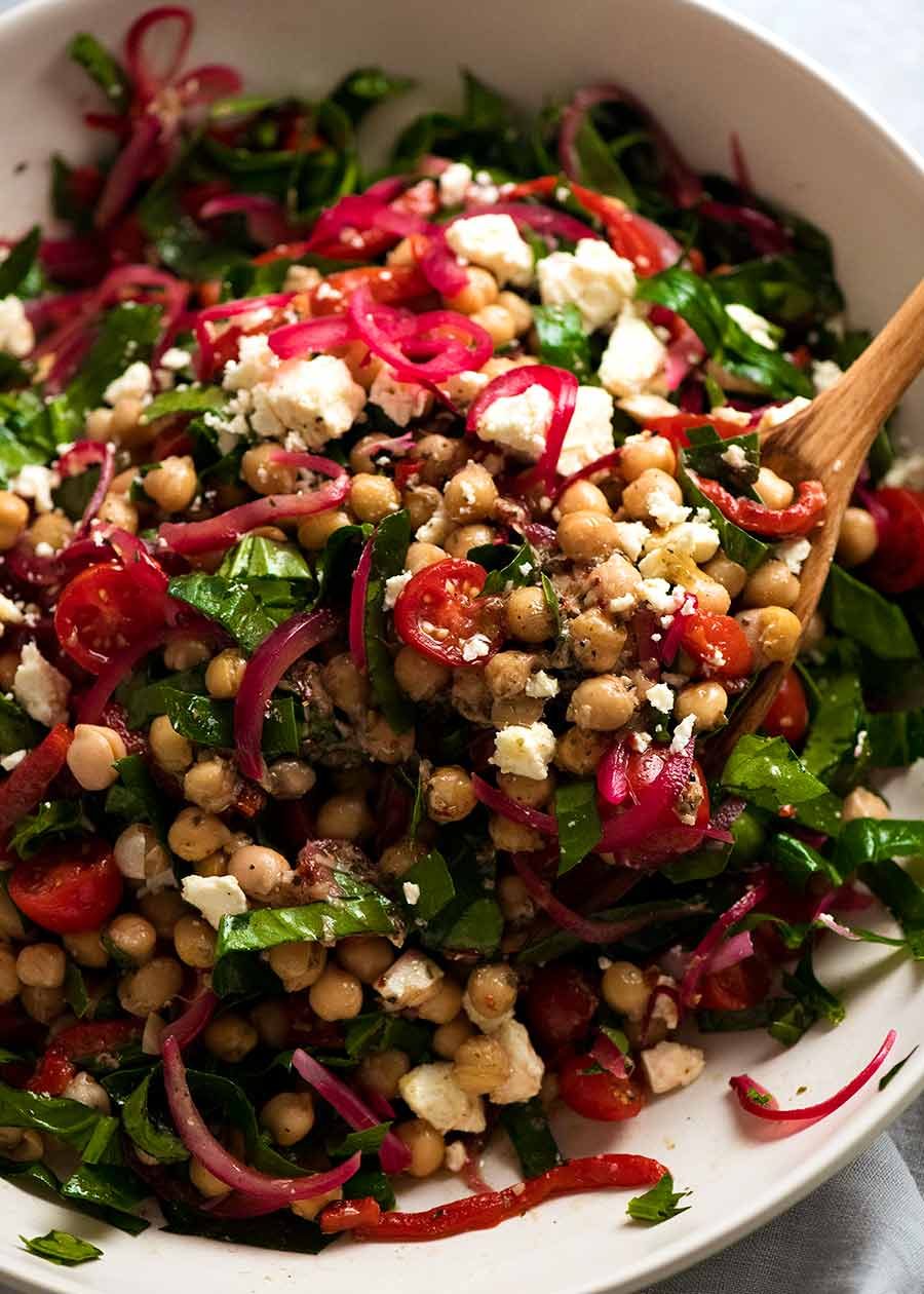 Chickpea salad in a bowl, ready to be eaten