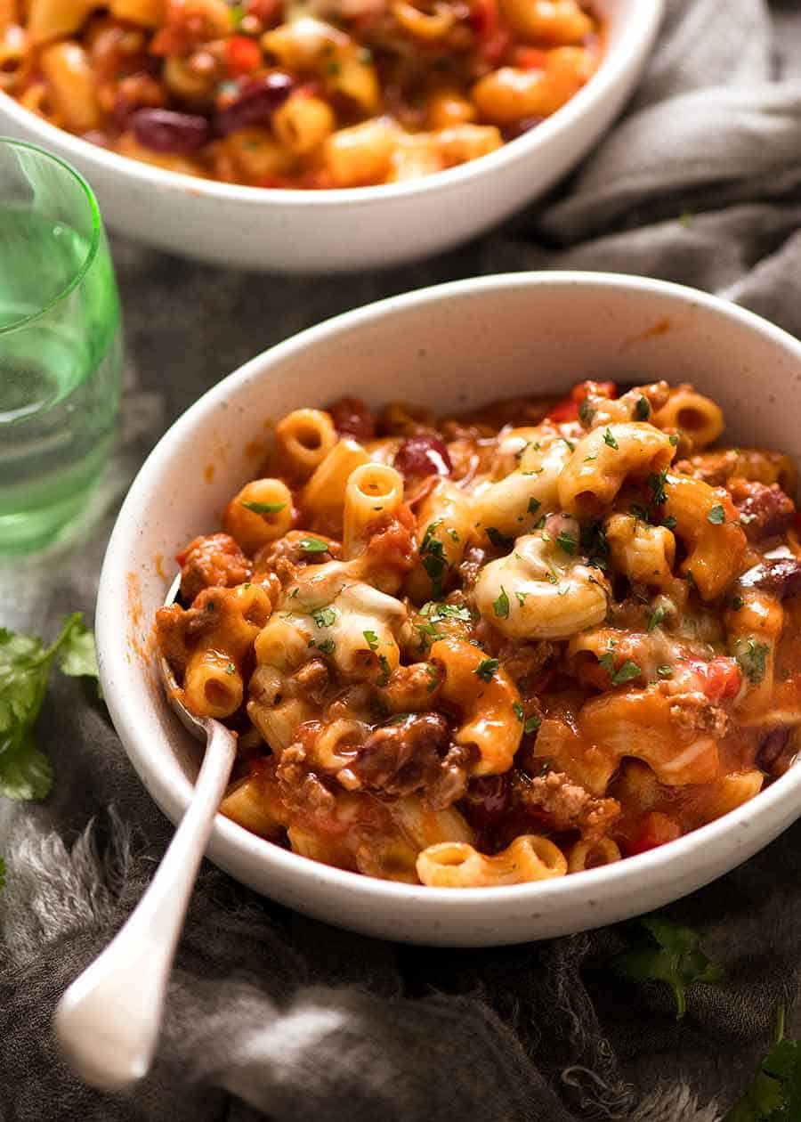 Chili Mac in a white bowl, ready to be eaten