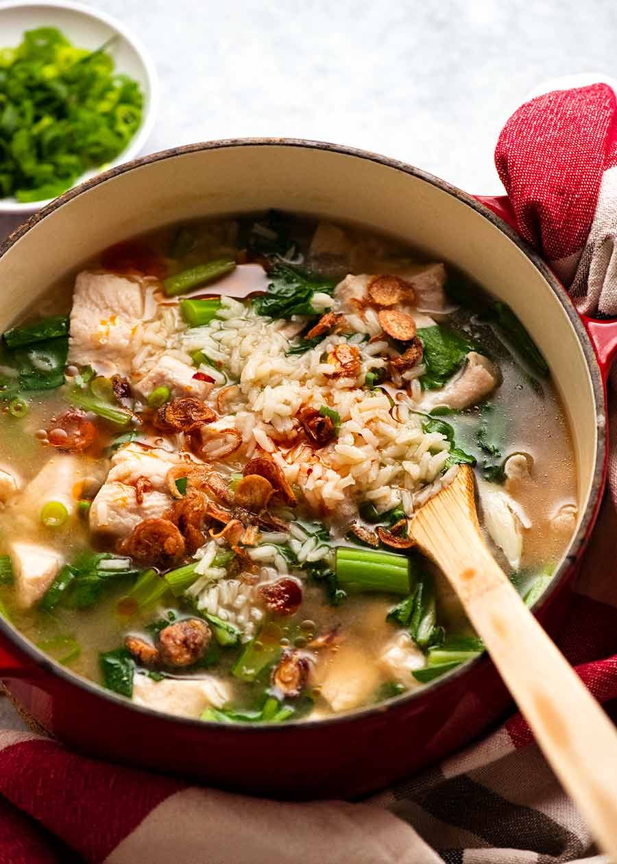 Chinese Rice Soup in a pot, ready to be served