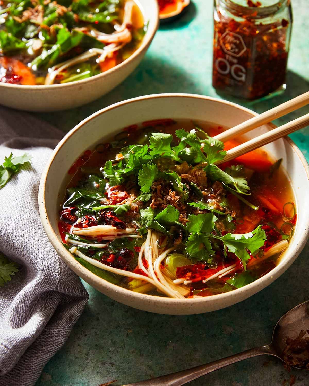 Bowl of Chinese vegetable soup ready to be eaten