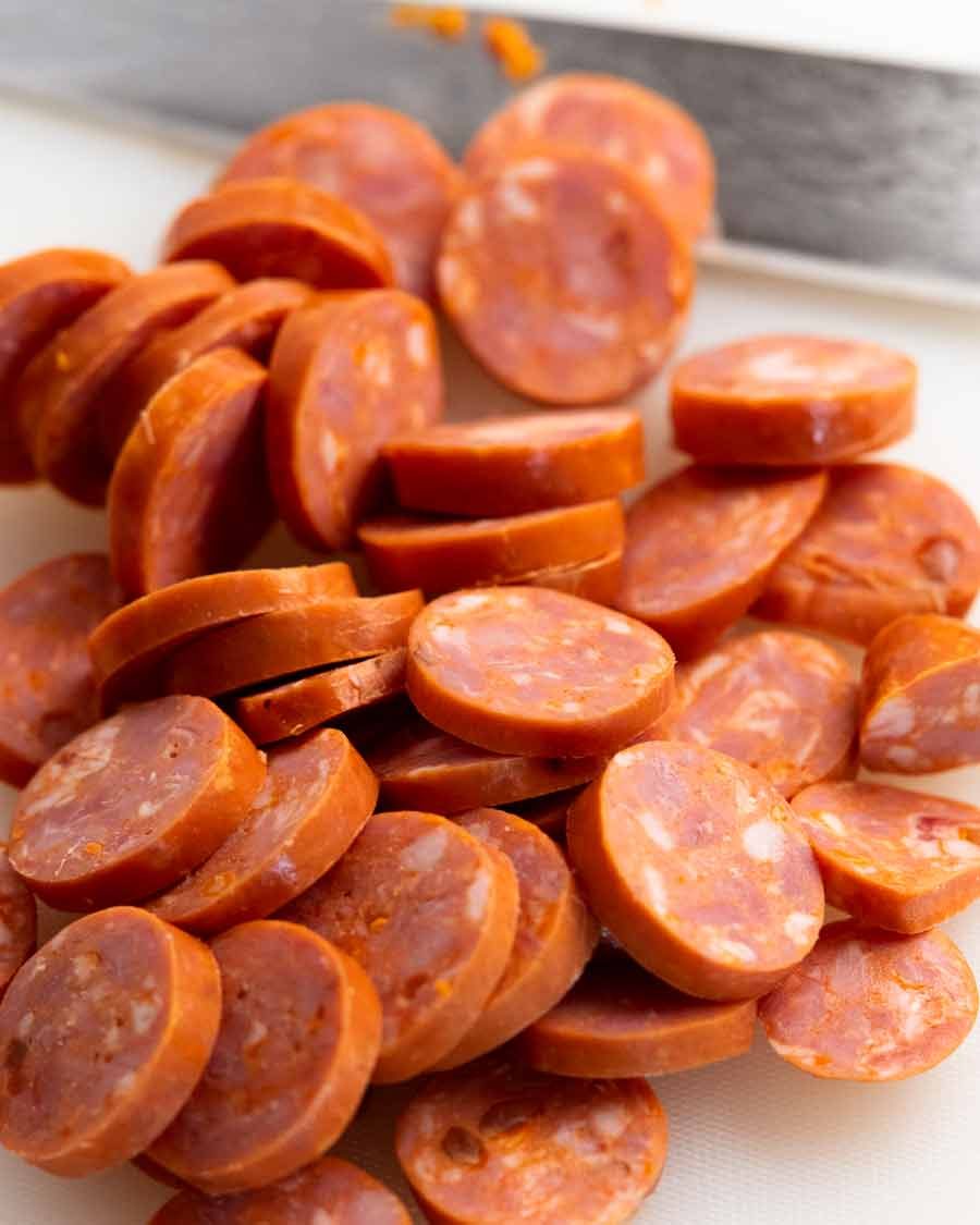 Sliced chorizo ready to cook