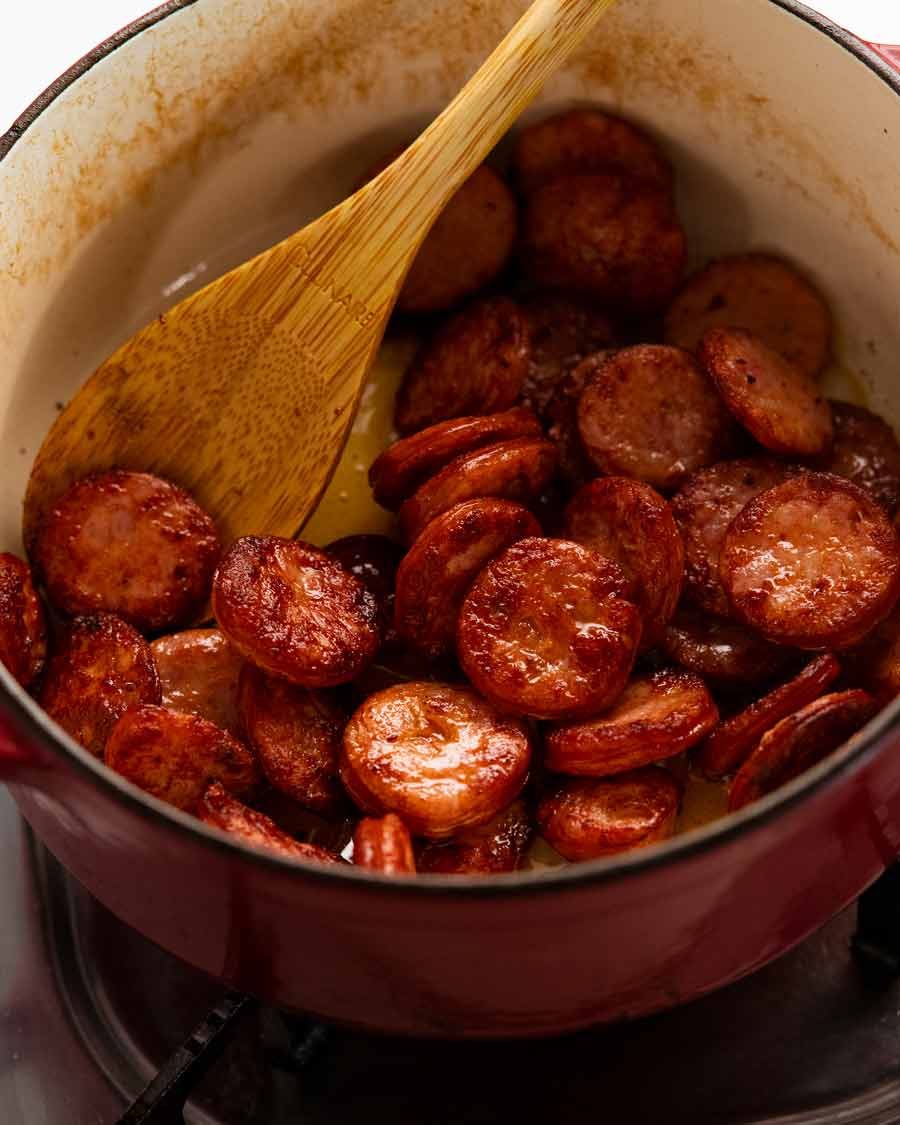 Golden brown cooked slices of chorizo