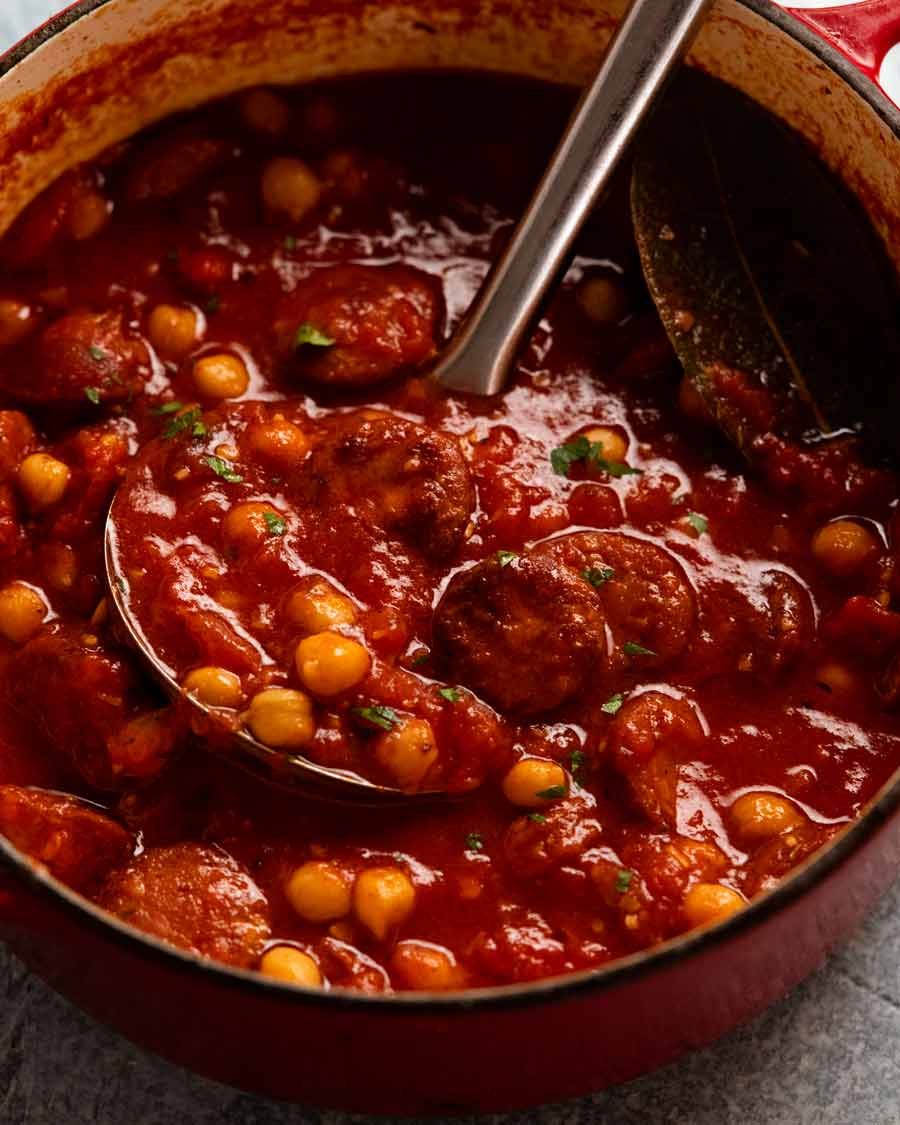 Pot of freshly cooked Chorizo chickpea stew