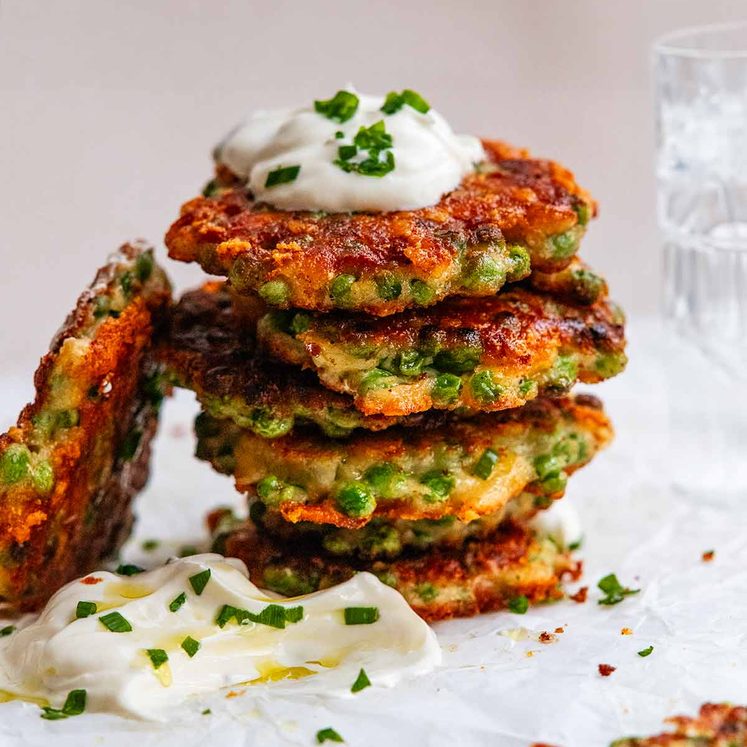 Stack of Crispy pea fritters