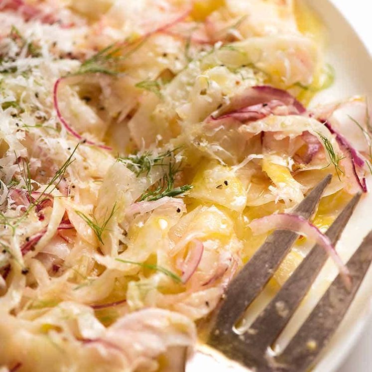 Close up of Fennel Salad on a white plate