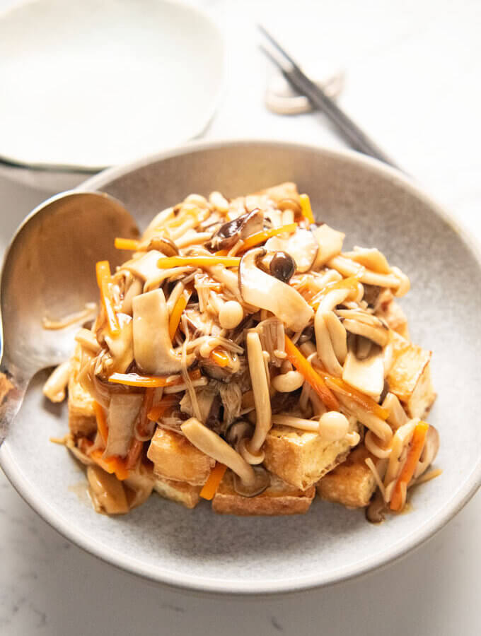 Hero shot of Fried Tofu with Thick Mushroom Sauce (Mushroom Ankake).