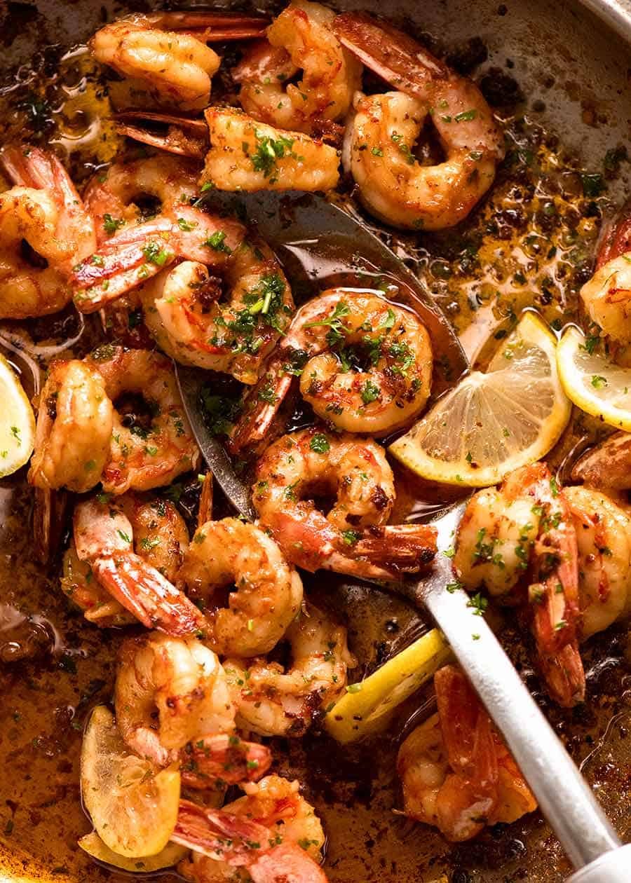 Pan filled with freshly cooked Garlic Prawns