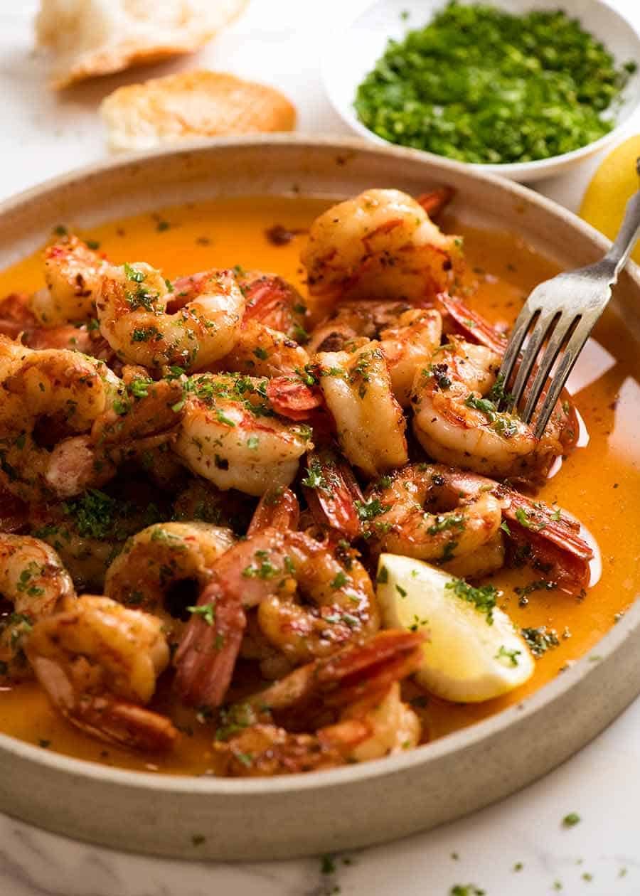 Plate of freshly cooked Garlic Prawns, ready to be served