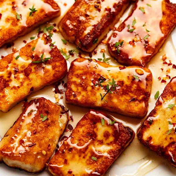 Golden fried halloumi with honey and thyme