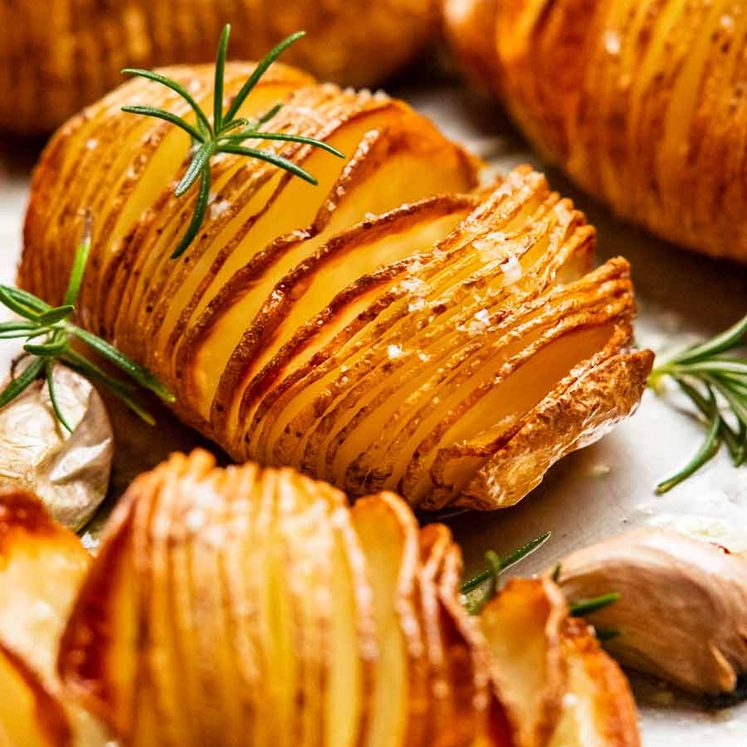 Freshly cooked Hasselback potatoes