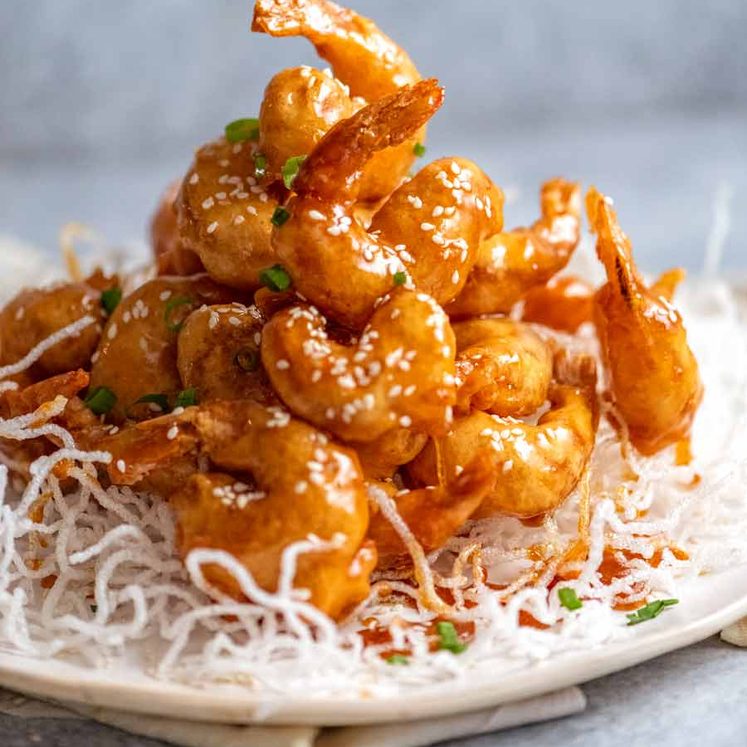 Pile of ultra crispy Honey Prawns