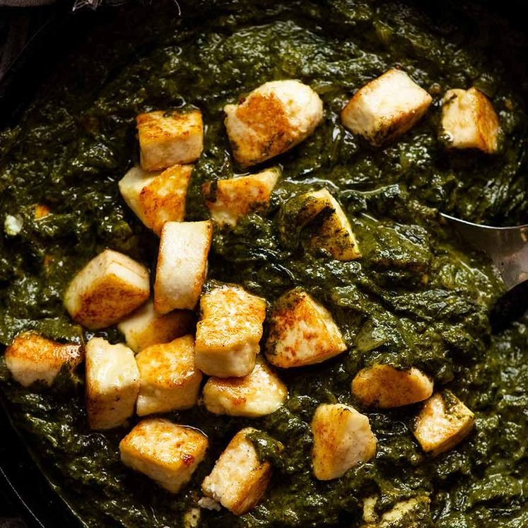 Freshly cooked Palak Paneer in a skillet, ready to be served