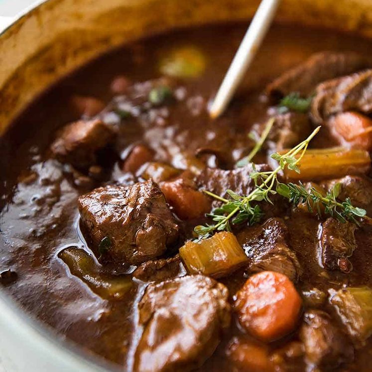 Close up of Irish Beef Guinness Stew in a pot, fresh off the stove