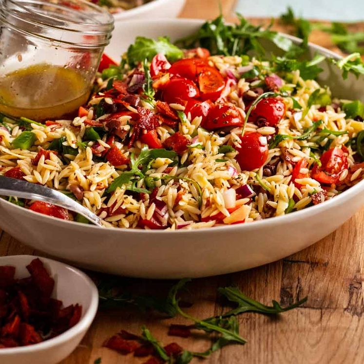 Italian risoni/ orzo salad with crispy salami bits