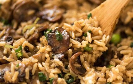 Close up of Mushroom Rice recipe in a pot, fresh off the stove