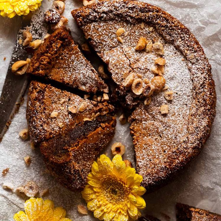 Overhead photo of Olive oil hazelnut cake