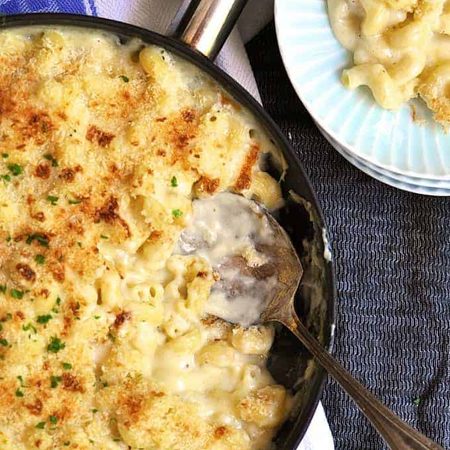 Closeup overhead photo of Baked One Pot Mac and Cheese