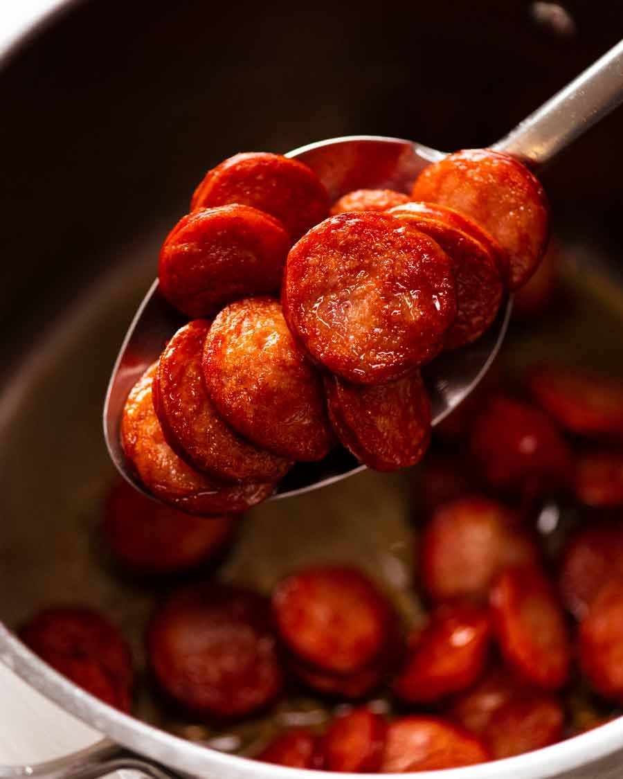 Close up of cooked kransky sausages for One Pot Smoked Sausage and Rice