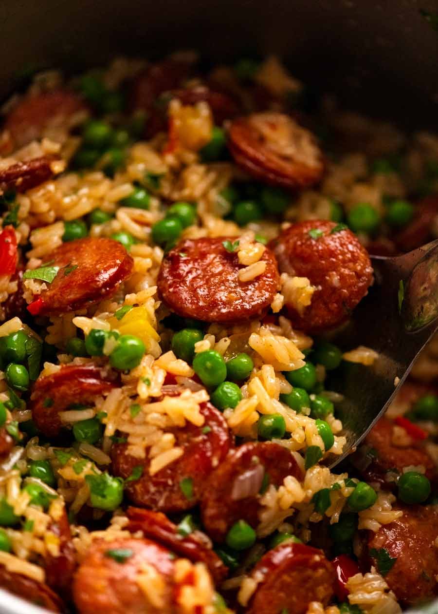 Close up of One Pot Smoked Sausage and Rice