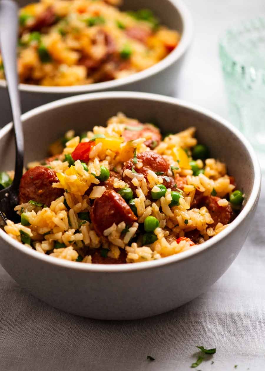 Bowl of One Pot Smoked Sausage and Rice