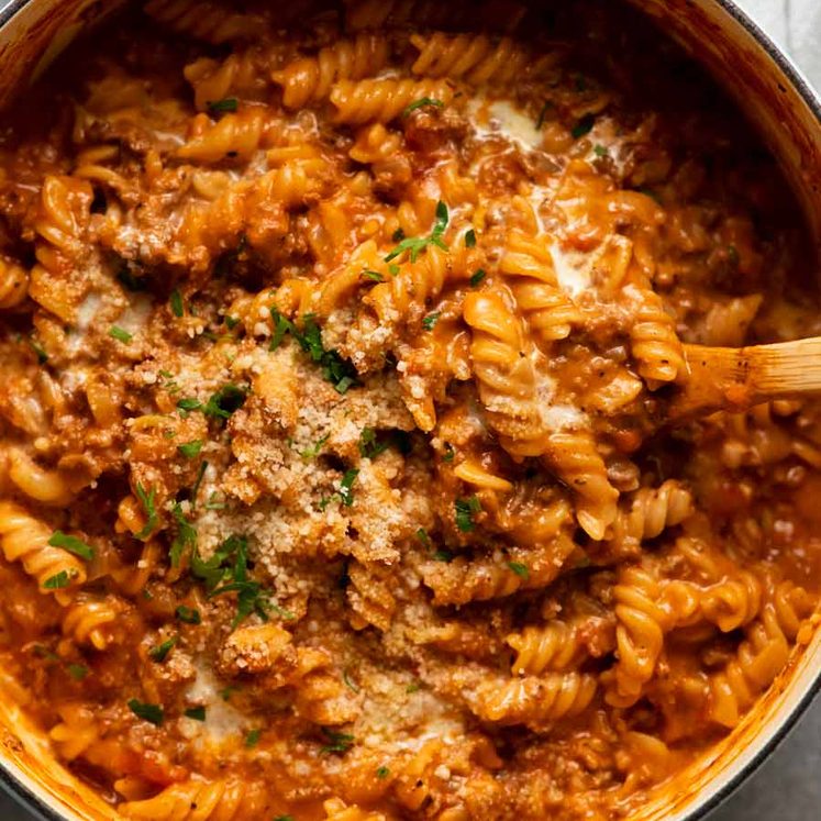 Pot of freshly made One pot creamy tomato beef pasta