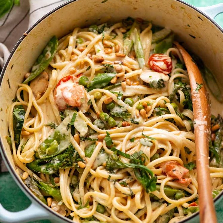 Big pot of freshly cooked Pasta Primavera