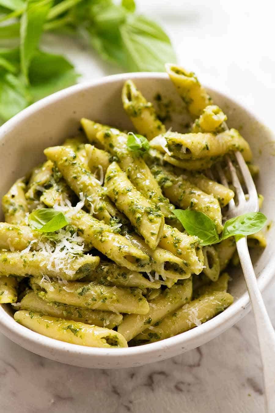 Pesto Pasta ziti in a bowl, ready to be eaten