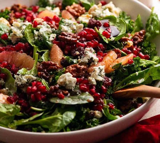 Close up side photo of Pomegranate Salad in a bowl, ready to be served