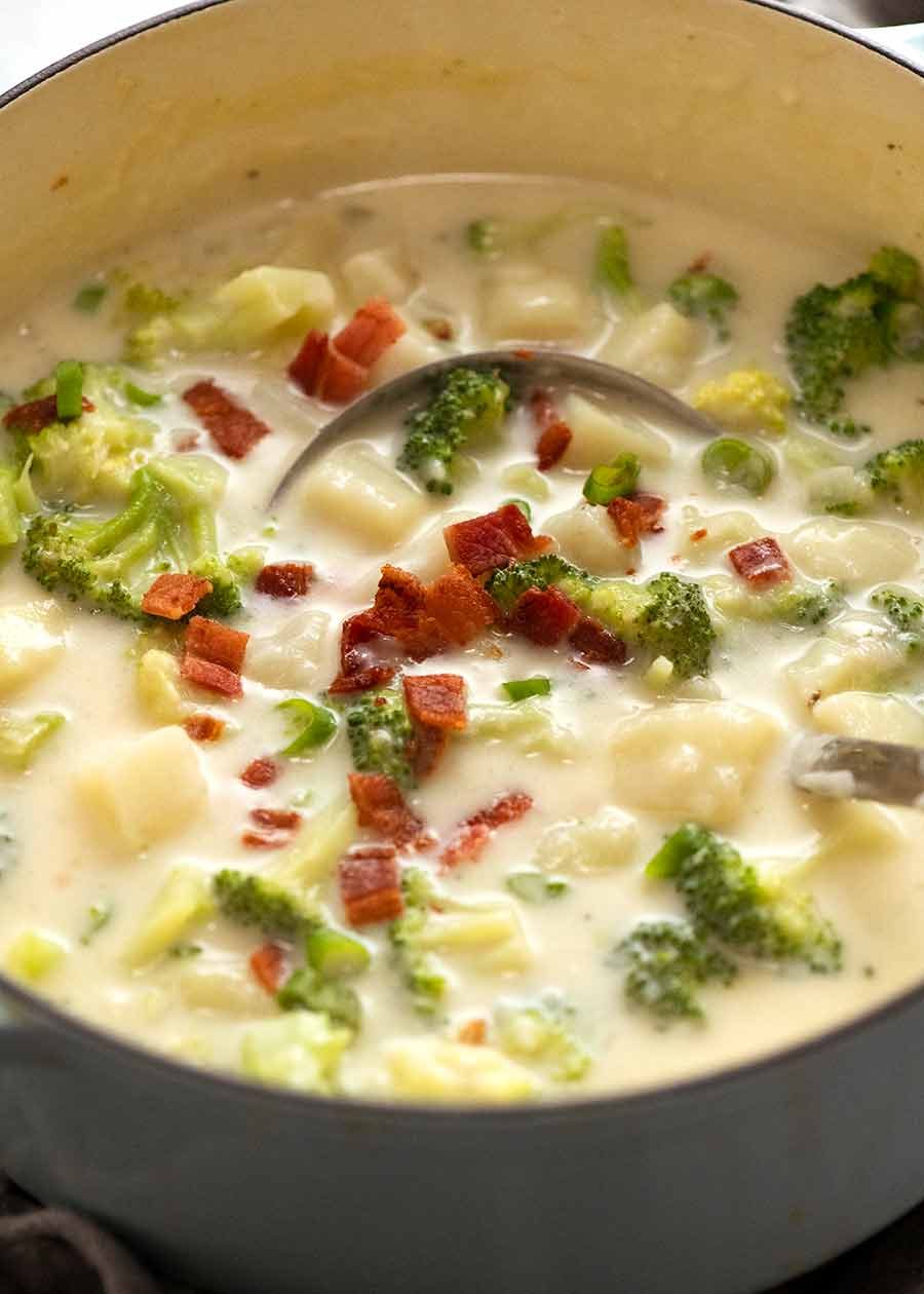 Close up of Broccoli and Potato Soup in a pot, ready to be served