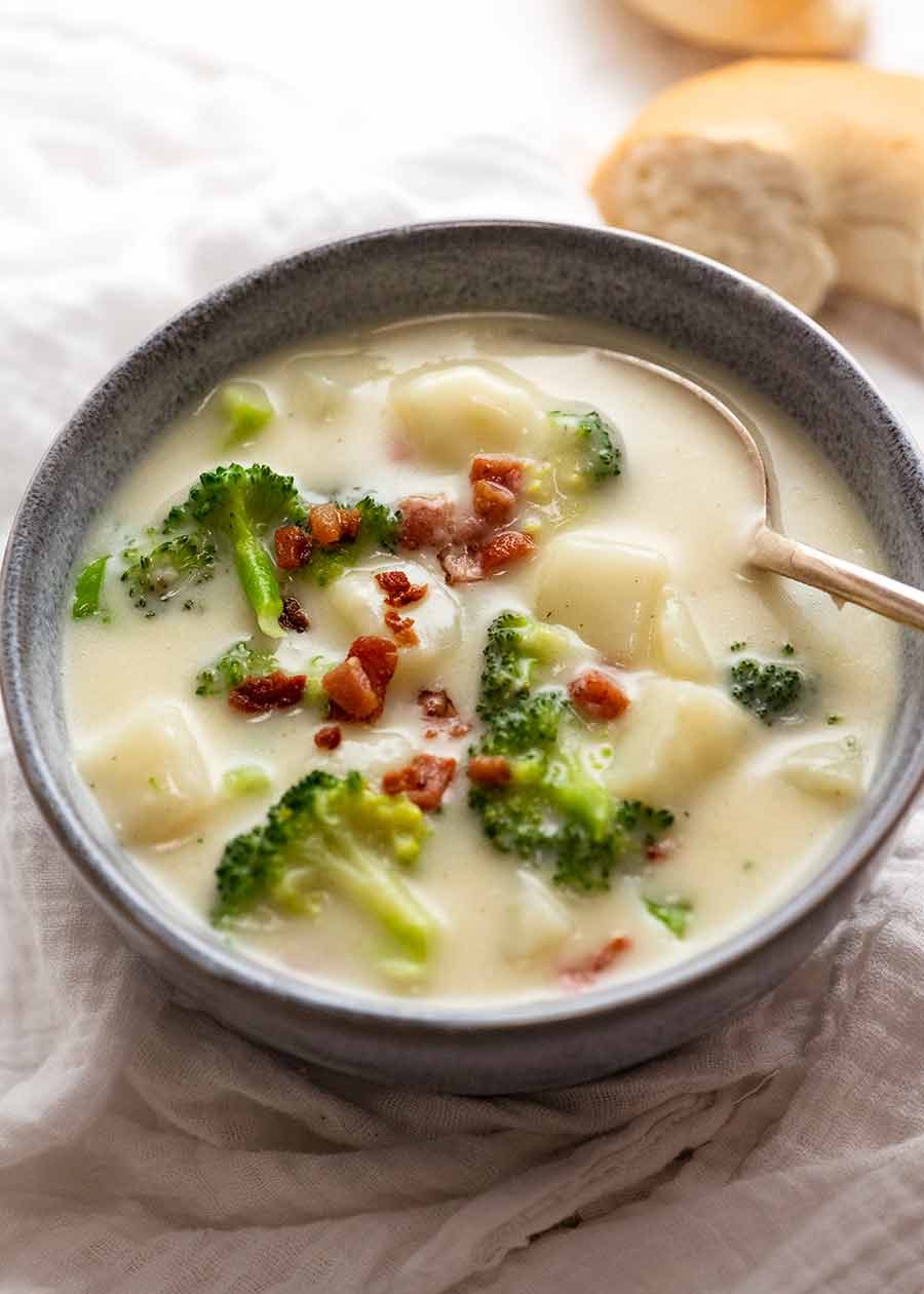 Broccoli and Potato Soup in a bowl, ready to be eaten