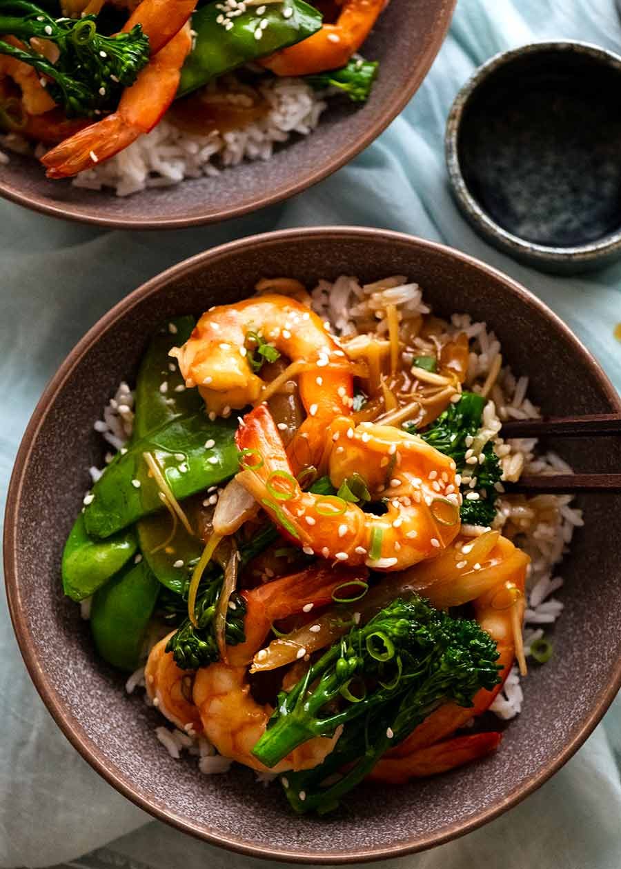 Prawn Stir Fry (Shrimp) in a bowl served over white rice