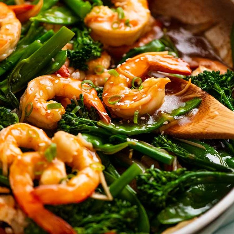 Close up photo of Prawn Stir Fry (Shrimp) in a skillet, fresh off the stove