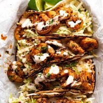 Overhead photo of a platter of Prawn Tacos (Shrimp)