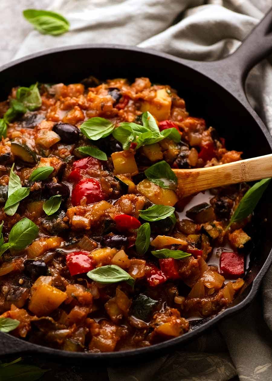 Skillet filled with French Provencal Ratatouille freshly made off the stove