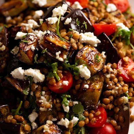 Close up of Roasted Eggplant Lentil Salad