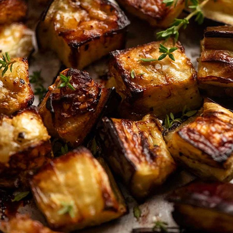 Close up of Oven Roasted Eggplant with caramelised edges