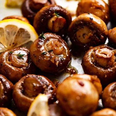 Close up of Garlic Butter Roasted Mushrooms